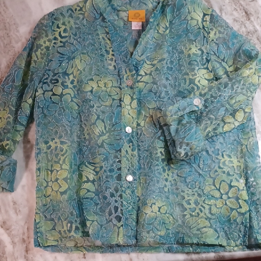 Ruby Rd. Blue and Green Floral Blouse